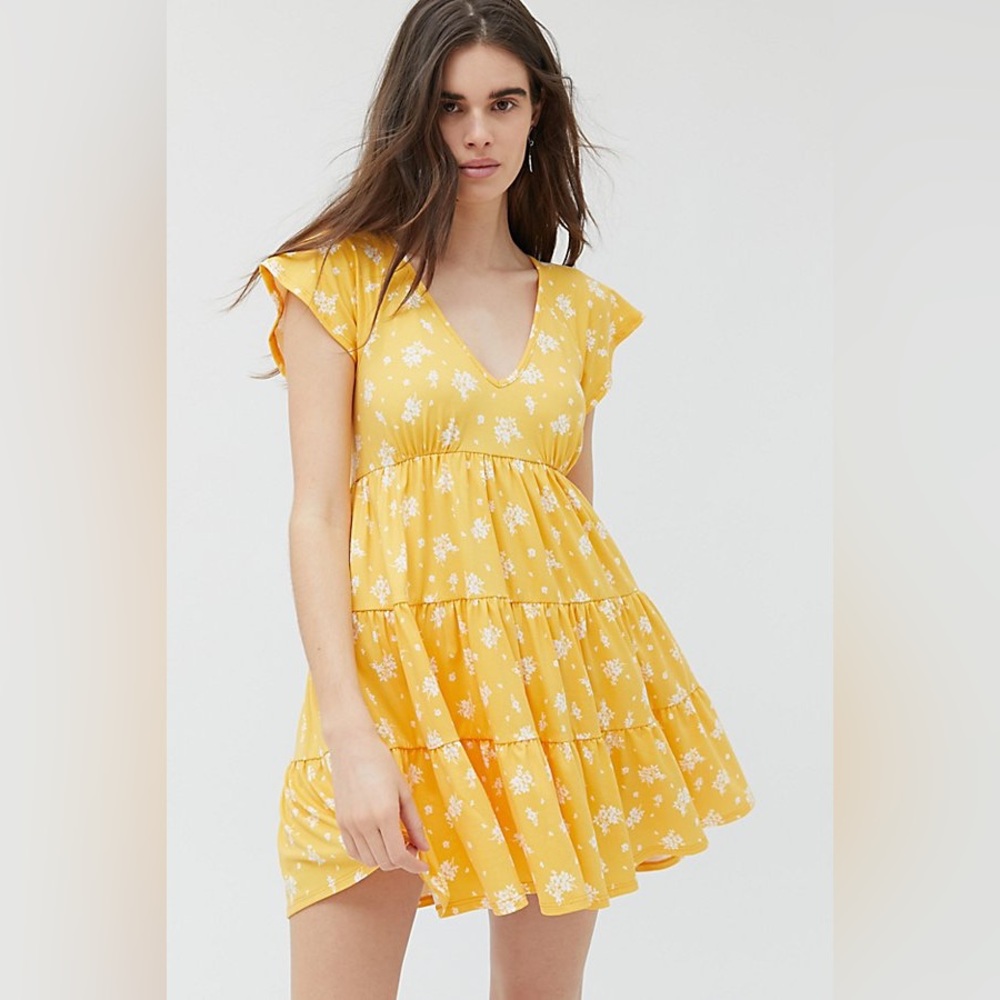 UO JULIA TIERED RUFFLE FROCK MINI DRESS IN MUSTARD